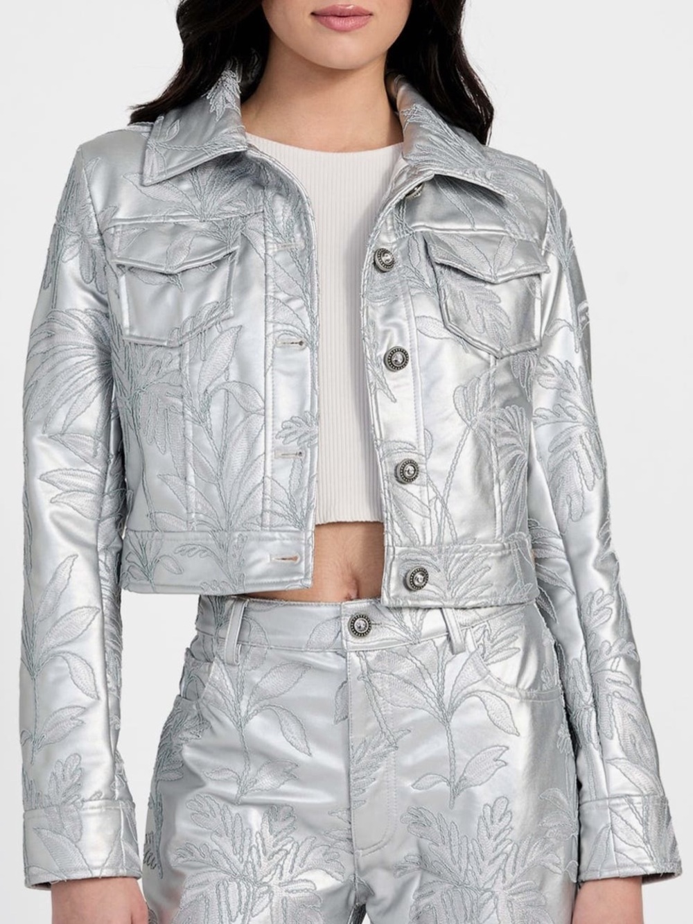 NWT Guess Clelia embroidered metallic silver trucker jacket